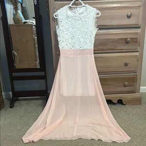 Elegant White and Pink Lace Gown